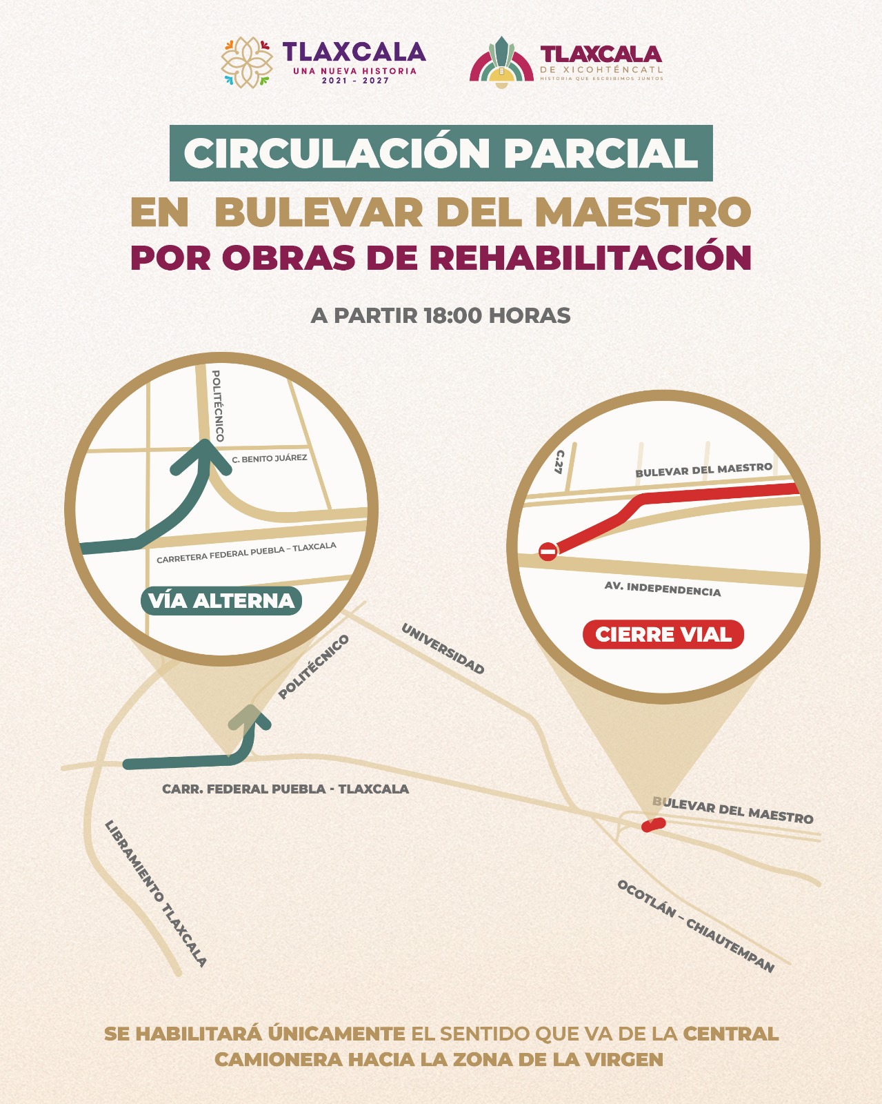 Ayuntamiento de Tlaxcala informa que se habilitará un solo sentido en el Bulevar del Maestro a partir de este miércoles